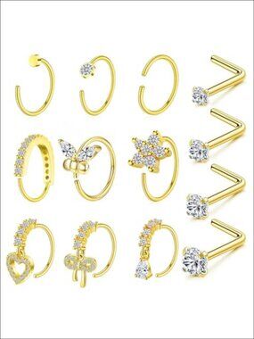20G Stainless Steel CZ Nose Rings Hoops L Shaped Studs Piercing Jewelry Set